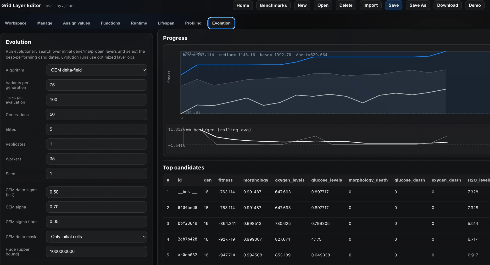 Tissue simulator optimization screenshot